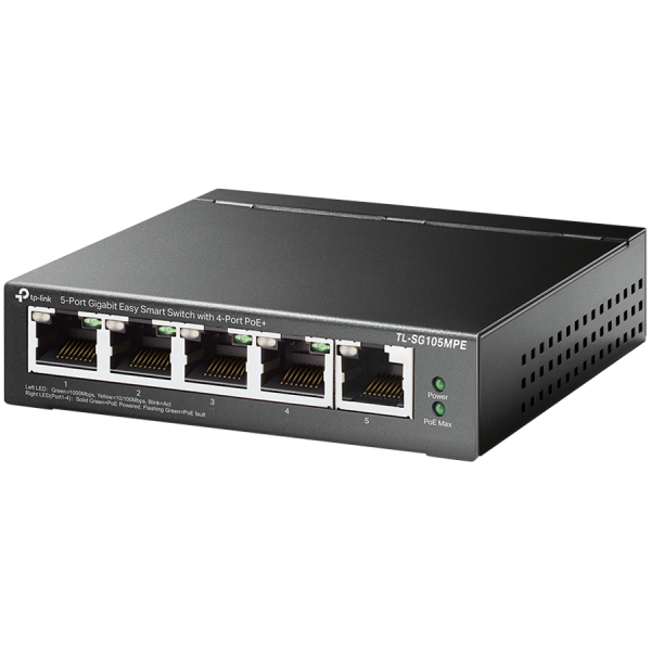 5-Port Gigabit Easy Smart Switch with 4-Port PoE+ 4× Gigabit PoE+ Ports, 1× Gigabit Non-PoE Ports 802.3af/at, 120 W PoE Power, Desktop Steel Case PoE Auto Recovery, MTU/Port/Tag-based VLAN, QoS, IGMP Snooping, Web/Utility Management, Plug and Play