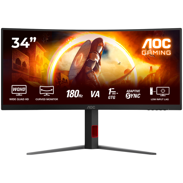 AOC Monitor Gaming CU34G4 Curved 34" Fast VA, 3440x1440, 180Hz, 0.5ms MPRT (1ms GtG), 300 cd/m2, 2500:1, 1500R, Adaptive Sync, FreeSync Premium, HDR10, 2x HDMI, 1x DP, Full Ergo