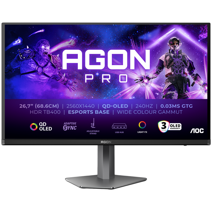 AOC Monitor LED AG276QZD2 AGON PRO 26.7" 2560x1440 QD-OLED Adaptive Sync 240Hz 0.03ms 250 cd/m2 3-sided frameless FULL ERGO 2xHDMI 2xDP USB Hub AOC Monitor LED AG276QZD2 AGON PRO 26.7" 2560x1440 QD-OLED Adaptive Sync 240Hz 0.03ms 250 cd/m2 3-sided frameless FULL ERGO 2xHDMI 2xDP USB Hub - Image 1