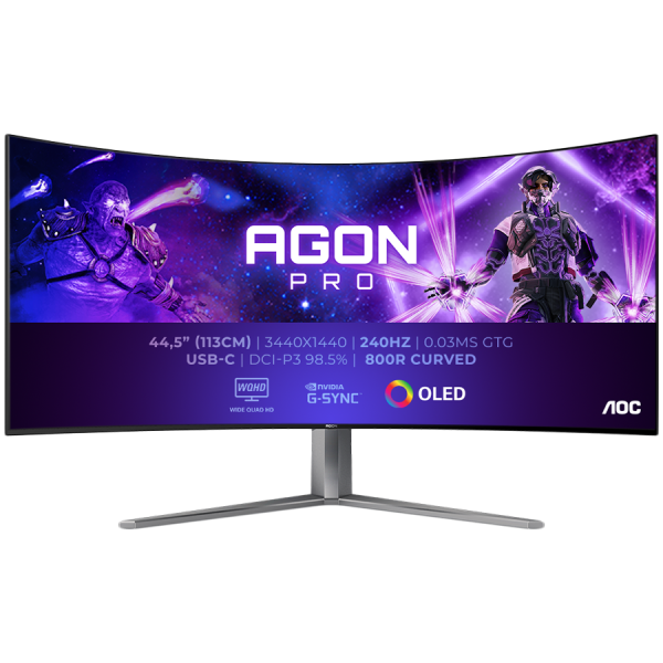 AOC Monitor LED AG456UCZD AGON PRO 44.5" Curved OLED 3440x1440 240 Hz 0.03ms HDR 10 1000 cd/m2 FreeSync Premium and G-Sync Compatible 4-sided frameless FULL ERGO 2xHDMI 1xDP USB-C 90W