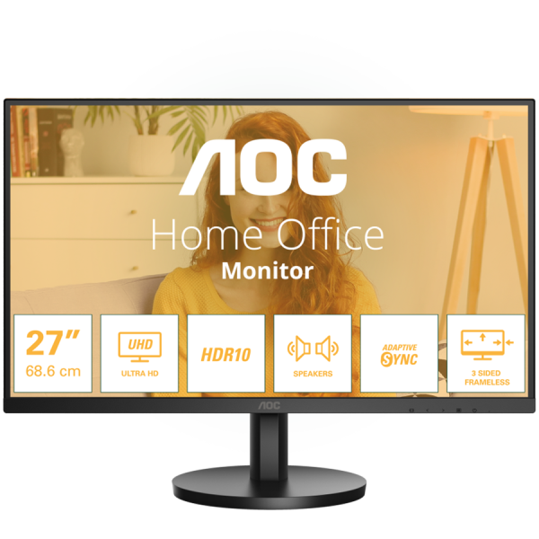 AOC Monitor U27B3A 27" IPS, 3840x2160 UHD, 60Hz, 4ms, 350 cd/m2, 1000:1. Adaptive Sync, HDR10, 2xHDMI, 1xDP, Speakers, Tilt, VESA, 3y