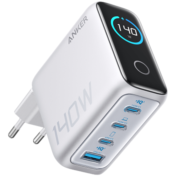 Anker Charger (140W, 4-Port, PD 3.1) with USB-C Cable Silver