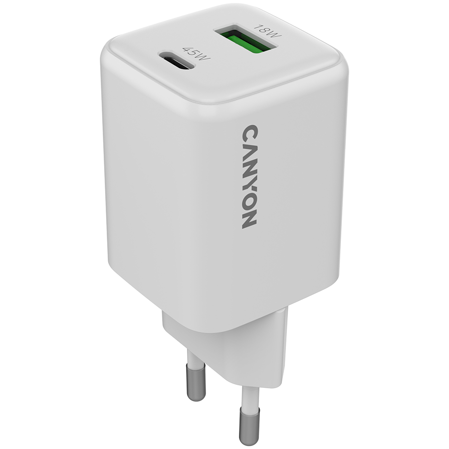 CANYON charger CU45AC GaN 45W 1xPD 1xQC EU White CANYON charger CU45AC GaN 45W 1xPD 1xQC EU White - Image 1