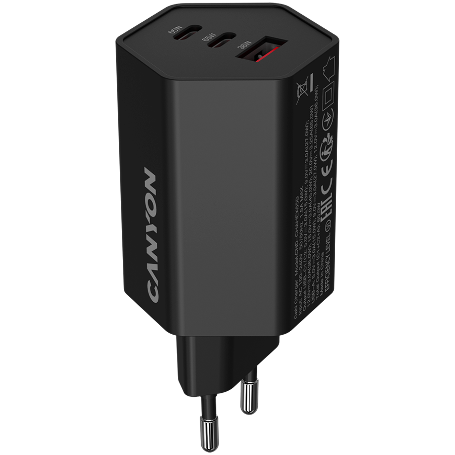 CANYON charger HEXAGON 65 GaN 65W 2xPD 1xQC EU Black CANYON charger HEXAGON 65 GaN 65W 2xPD 1xQC EU Black - Image 1