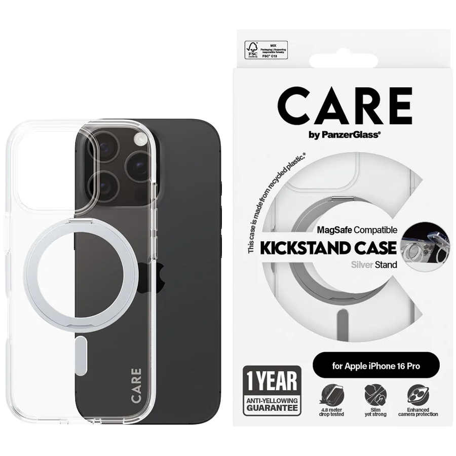 CARE by PanzerGlass Feature Case Transparent w. Silver Kickstand & MagSafe iPhone 16 Pro CARE by PanzerGlass Feature Case Transparent w. Silver Kickstand & MagSafe iPhone 16 Pro - Image 1
