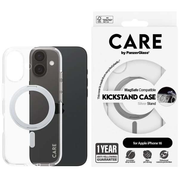 CARE by PanzerGlass Feature Case Transparent w. Silver Kickstand & MagSafe iPhone 16