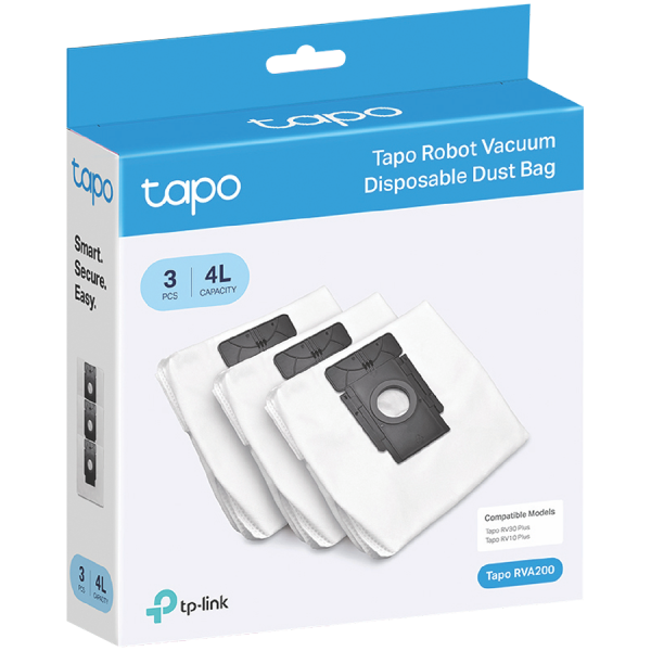 Compatible Models: Tapo RV30 Plus, Tapo RV10 PlusPackage Contents: 4L Disposable Dust Bag ×370 Days of Hands-Free Cleaning.Seals automatically when lifted. No allergens escape into the air.Easy to install. No tools required.