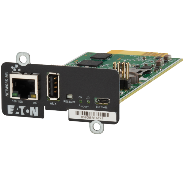 Eaton Network Managment Card - M3; Web/SNMP communications; Ethernet 10/100/1000BaseT; For UPS: 5P, 5PX, 5PX G2, 5SC Rack, 9PX, 9PXM, 9SX, 9130, Ferrups FX, 9E, 93PS, 91PS, 91PS Monoblock, 93E PDU: ATS rack PDU (EATS115, EATS120, EATS220)