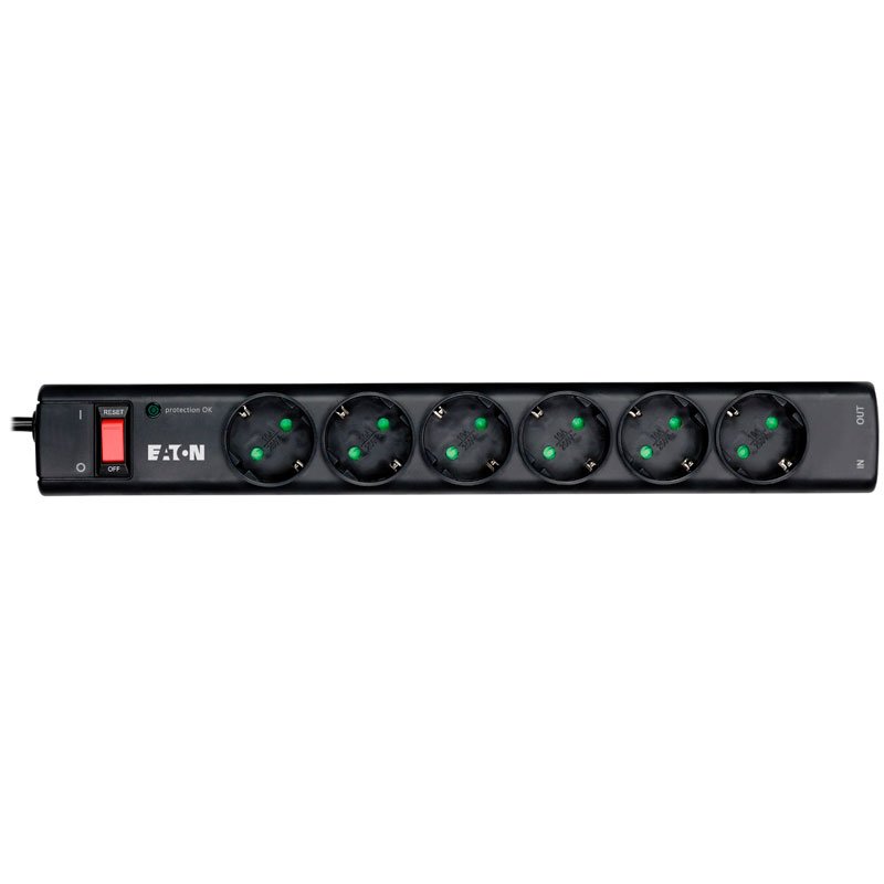 Eaton Protection Strip 6 DIN, 10A, 2500W; Input: Schuko, Outputs: (6) Schuko; Power Cord Lenght 1m; Over voltage protection; On/Off switch; LED indication; 2yr warranty Eaton Protection Strip 6 DIN, 10A, 2500W; Input: Schuko, Outputs: (6) Schuko; Power Cord Lenght 1m; Over voltage protection; On/Off switch; LED indication; 2yr warranty - Image 1