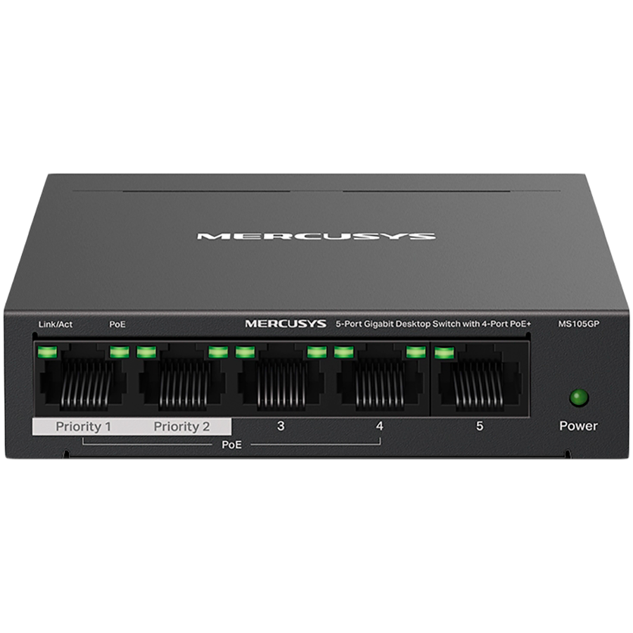 Mercusys MS105GP 5-Port Gigabit Desktop Switch with 4-Port PoE+, 4×Gigabit PoE+ Ports, 1×Gigabit Non-PoE Port, 65 W PoE Power, Desktop Steel Case, Wall Mounting, Extend Mode for 250m PoE Transmit,Isolation Mode,Silent Operation,Port Prioritization Mercusys MS105GP 5-Port Gigabit Desktop Switch with 4-Port PoE+, 4×Gigabit PoE+ Ports, 1×Gigabit Non-PoE Port, 65 W PoE Power, Desktop Steel Case, Wall Mounting, Extend Mode for 250m PoE Transmit,Isolation Mode,Silent Operation,Port Prioritization - Image 1