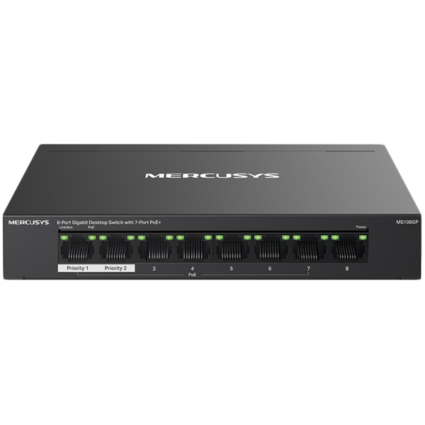 Mercusys MS108GP 8-Port Gigabit Desktop Switch with 7-Port PoE+, 7× Gigabit PoE+ Ports, 1× Gigabit Non-PoE Ports, Compatible with 802.3af/at PDs, 65 W PoE Power, Desktop Steel Case, Wall Mounting,Extend Mode for 250m PoE Transmitting, Isolation Mode