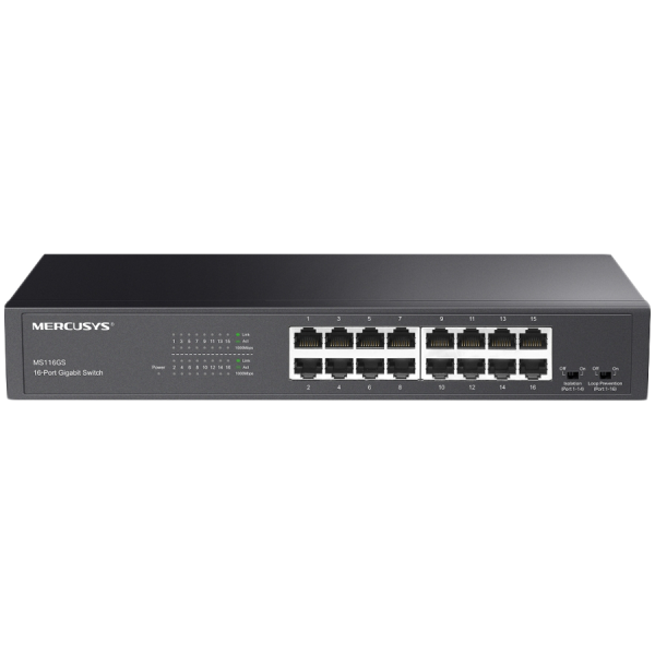 Mercusys MS116GS 16-Port Gigabit Desktop/Rackmount Switch, 16x10/100/1000 Mbps Auto-Negotiation RJ45 port supporting Auto-MDI/MDIX, Isolation Mode, Loop Prevention, Durable Metal Casing, Plug and Play