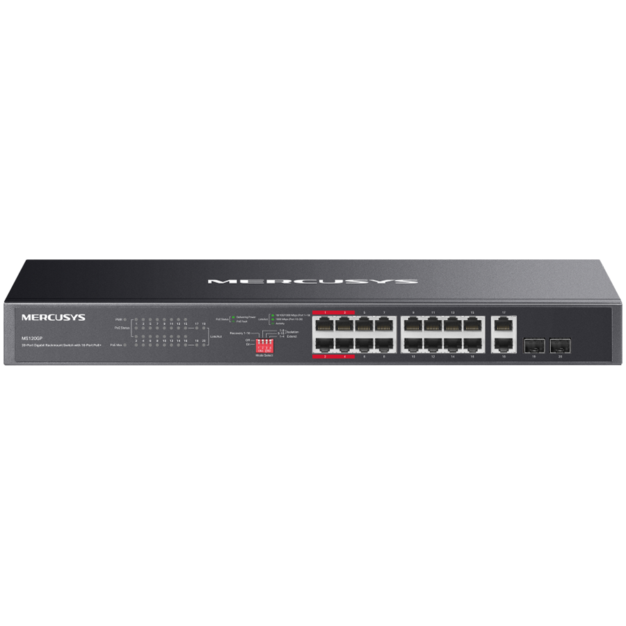 Mercusys MS120GP 20-Port Gigabit Rackmount Switch with 16-Port PoE+, 16x Gigabit PoE+ RJ45 ports, 2x Gigabit non-PoE RJ45 ports, and 2x Gigabit SFP slots, 192W PoE Power, Priority mode, Isolation Mode, PoE Auto Recovery, Plug and Play Mercusys MS120GP 20-Port Gigabit Rackmount Switch with 16-Port PoE+, 16x Gigabit PoE+ RJ45 ports, 2x Gigabit non-PoE RJ45 ports, and 2x Gigabit SFP slots, 192W PoE Power, Priority mode, Isolation Mode, PoE Auto Recovery, Plug and Play - Image 1