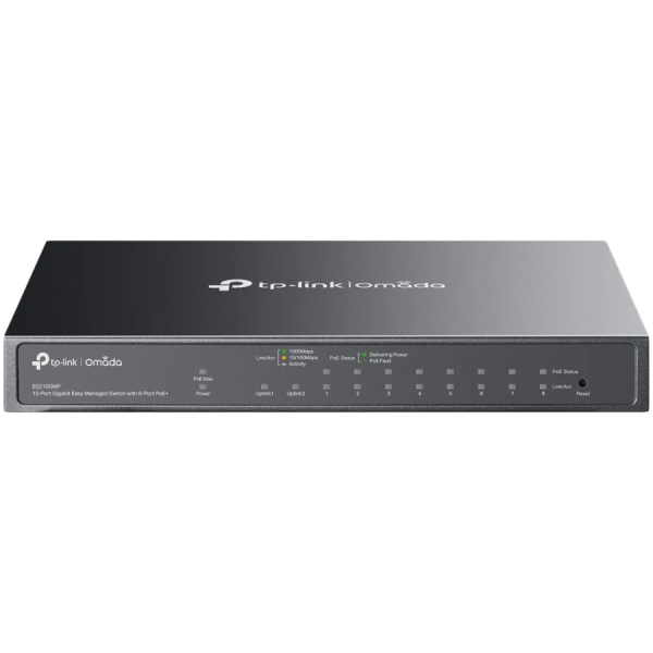 Omada 10-Port Gigabit Easy Managed Switch with 8-Port PoE+ 8× Gigabit PoE+ Ports, 1x Gigabit Non-PoE Ports, 1× Combo Gigabit RJ45/SFP Port 802.3at/af, 123 W PoE Power,  Desktop Steel Case and Fanless Integration with Omada SDN Controller