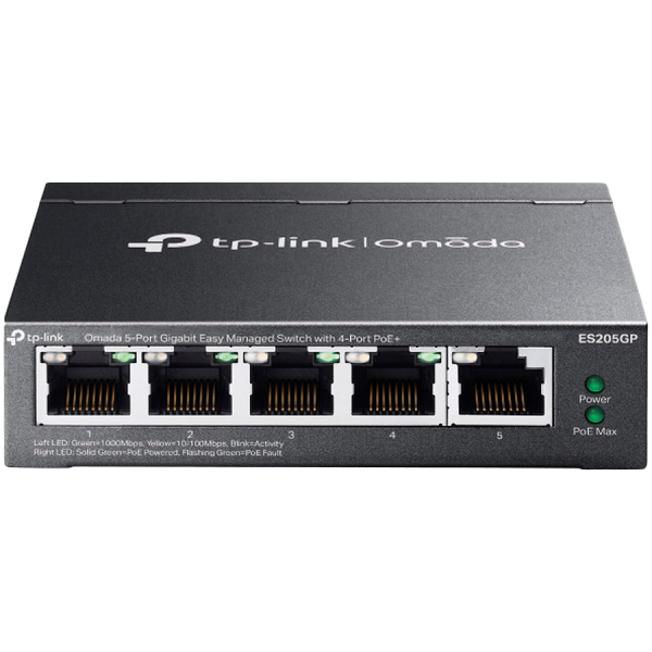 Omada 5-Port Gigabit Easy Managed Switch with 4-Port PoE+ 4× Gigabit PoE+ Ports, 1× Gigabit Non-PoE Ports 802.3at/af, 65 W PoE Power, Desktop Steel Case and Fanless Integration with Omada SDN Controller