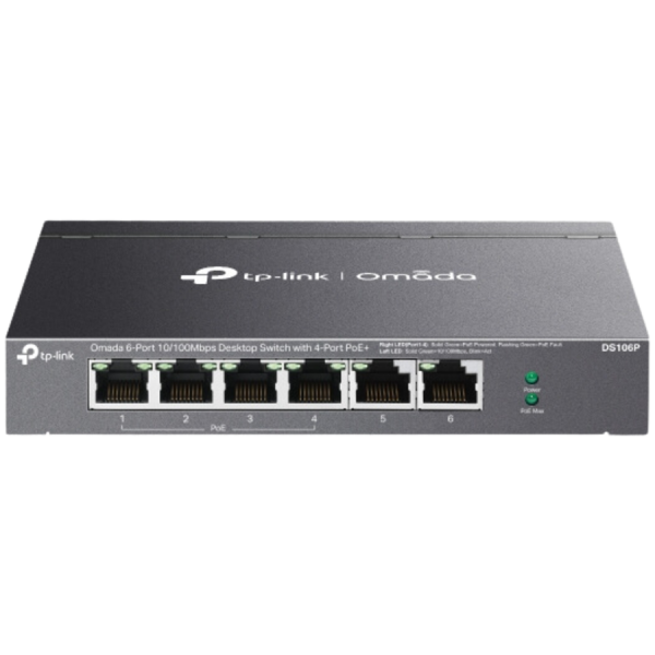 Omada 6-Port 10/100 Mbps Desktop Switch with 4-Port PoE+ PORT: 4× 10/100 Mbps PoE+ Ports, 2× 10/100 Mbps Non-PoE Ports 802.3at/af, 67 W PoE Power, Desktop Steel Case Extend Mode for 250m PoE Transmitting, Priority Mode for Port1-2, Plug and Play