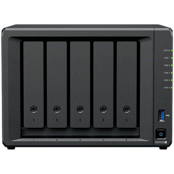 Synology DiskStation DS1525+ Tower, 5-Bays 3.5'' SATA HDD/SSD, 2 x M.2 2280 NVMe SSD slot, CPU AMD Ryzen V1500B 4-core 2.2 GHz, 8 GB DDR4 ECC SODIMM, 2x RJ-45 2.5 GbE LAN Port; 2x USB 3.2; 1 xUSB Type-C expansion port; 2.67 kg; 3yr warranty