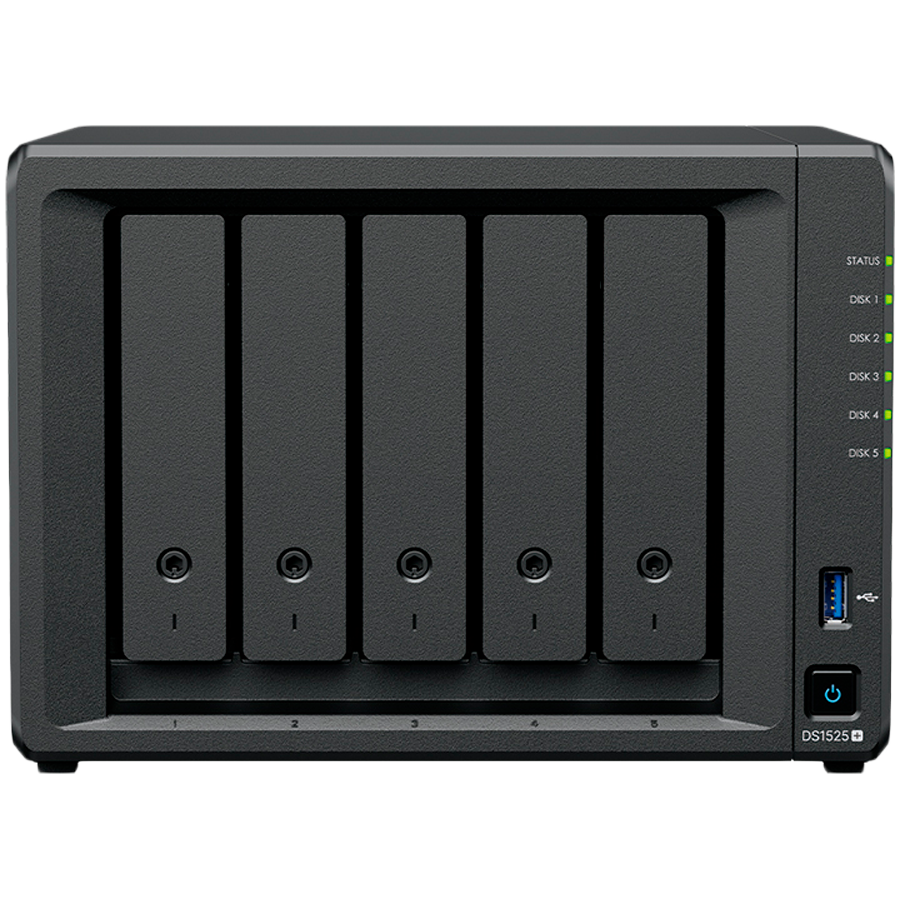 Synology DiskStation DS1525+ Tower, 5-Bays 3.5'' SATA HDD/SSD, 2 x M.2 2280 NVMe SSD slot, CPU AMD Ryzen V1500B 4-core 2.2 GHz, 8 GB DDR4 ECC SODIMM, 2x RJ-45 2.5 GbE LAN Port; 2x USB 3.2; 1 xUSB Type-C expansion port; 2.67 kg; 3yr warranty Synology DiskStation DS1525+ Tower, 5-Bays 3.5'' SATA HDD/SSD, 2 x M.2 2280 NVMe SSD slot, CPU AMD Ryzen V1500B 4-core 2.2 GHz, 8 GB DDR4 ECC SODIMM, 2x RJ-45 2.5 GbE LAN Port; 2x USB 3.2; 1 xUSB Type-C expansion port; 2.67 kg; 3yr warranty - Image 1