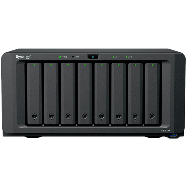 Synology DiskStation DS1825+, Tower, 8-BAY 3.5'' SATA HDD/SSD,  2xM.2 2280 NVMe SSD, CPU AMD Ryzen Quad-Core 2.2 GHz, 8GB DDR4, 2xRJ-45 2.5GbE LAN Port, 3xUSB 3.2, 2 x USB-C expansion ports (Expandable to 18 Bays with 2 x DX525), 1xGen3 x8 PCIe,3y