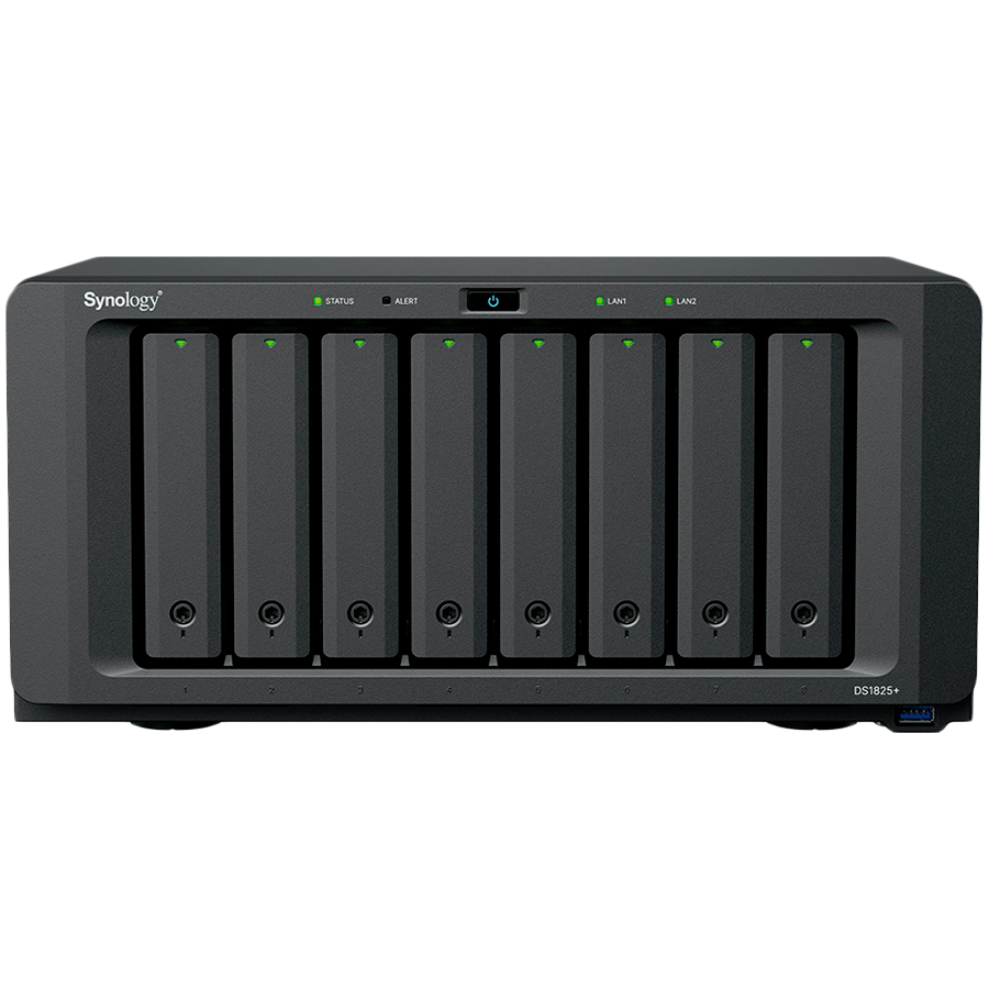 Synology DiskStation DS1825+, Tower, 8-BAY 3.5'' SATA HDD/SSD, 2xM.2 2280 NVMe SSD, CPU AMD Ryzen Quad-Core 2.2 GHz, 8GB DDR4, 2xRJ-45 2.5GbE LAN Port, 3xUSB 3.2, 2 x USB-C expansion ports (Expandable to 18 Bays with 2 x DX525), 1xGen3 x8 PCIe,3y Synology DiskStation DS1825+, Tower, 8-BAY 3.5'' SATA HDD/SSD, 2xM.2 2280 NVMe SSD, CPU AMD Ryzen Quad-Core 2.2 GHz, 8GB DDR4, 2xRJ-45 2.5GbE LAN Port, 3xUSB 3.2, 2 x USB-C expansion ports (Expandable to 18 Bays with 2 x DX525), 1xGen3 x8 PCIe,3y - Image 1