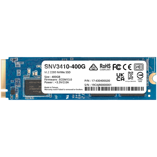 Synology SNV3410 400GB Enterprise NVMe m.2 2280 SSD, NVMe PCIe 3.0 x4, Read/Write(128 KB, QD32) 3,000 /750 MB/s, MTBF : 1.8 million hours