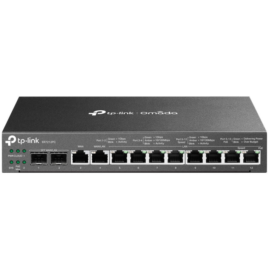 TP-Link ER7212PC Omada Gigabit VPN Router with PoE+ Ports and Controller Ability, 2× G SFP WAN/LAN Port, 1× G RJ45 WAN Port, 1× G RJ45 WAN/LAN Ports, 8× G PoE+ RJ45 LAN ports, 802.3at/af, 110 W PoE Power, 3-in-1 (Router, PoE+ Switch, Controller) TP-Link ER7212PC Omada Gigabit VPN Router with PoE+ Ports and Controller Ability, 2× G SFP WAN/LAN Port, 1× G RJ45 WAN Port, 1× G RJ45 WAN/LAN Ports, 8× G PoE+ RJ45 LAN ports, 802.3at/af, 110 W PoE Power, 3-in-1 (Router, PoE+ Switch, Controller) - Image 1