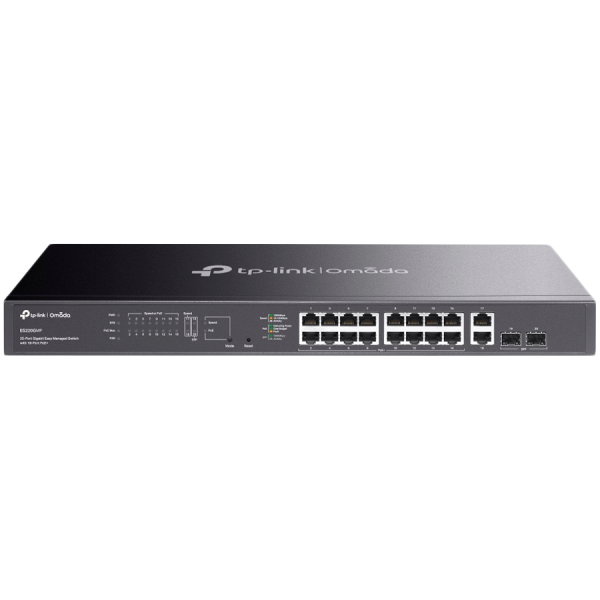 TP-Link ES220GMP Omada 20-Port Gigabit Easy Managed Switch 16 x Gigabit PoE+ Ports, 2 x Gigabit Non-PoE Ports, 2 x Gigabit SFP Ports, 250W PoE Power, Rack-mountable, Omada App, Flow Control, Loopback Detection,Port Isolation,Port Mirroring,LAG,VLAN