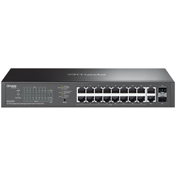 TP-Link ES220GP Omada 20-Port Gigabit Easy Managed Switch with 16-Port PoE+, 16x G PoE+ Ports, 2x G Non-PoE Ports, 2x G SFP Ports, 802.3at/af, 150 W PoE Power, 1U 13-inch Rack-mountable Steel Case and Fanless, Omada app