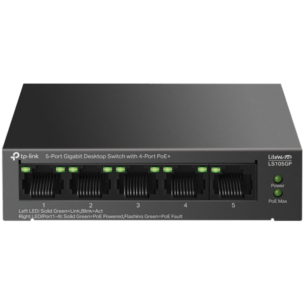 TP-Link LS105GP 5-Port Gigabit Desktop Switch with  4-Port PoE+, 4x Gigabit PoE+ Ports, 1x Gigabit Non-PoE Port, 802.3af/at, 65 W PoE Power, Desktop Steel Case, Extend Mode for 250m PoE Transmitting, PoE Auto Recovery, Plug and Play