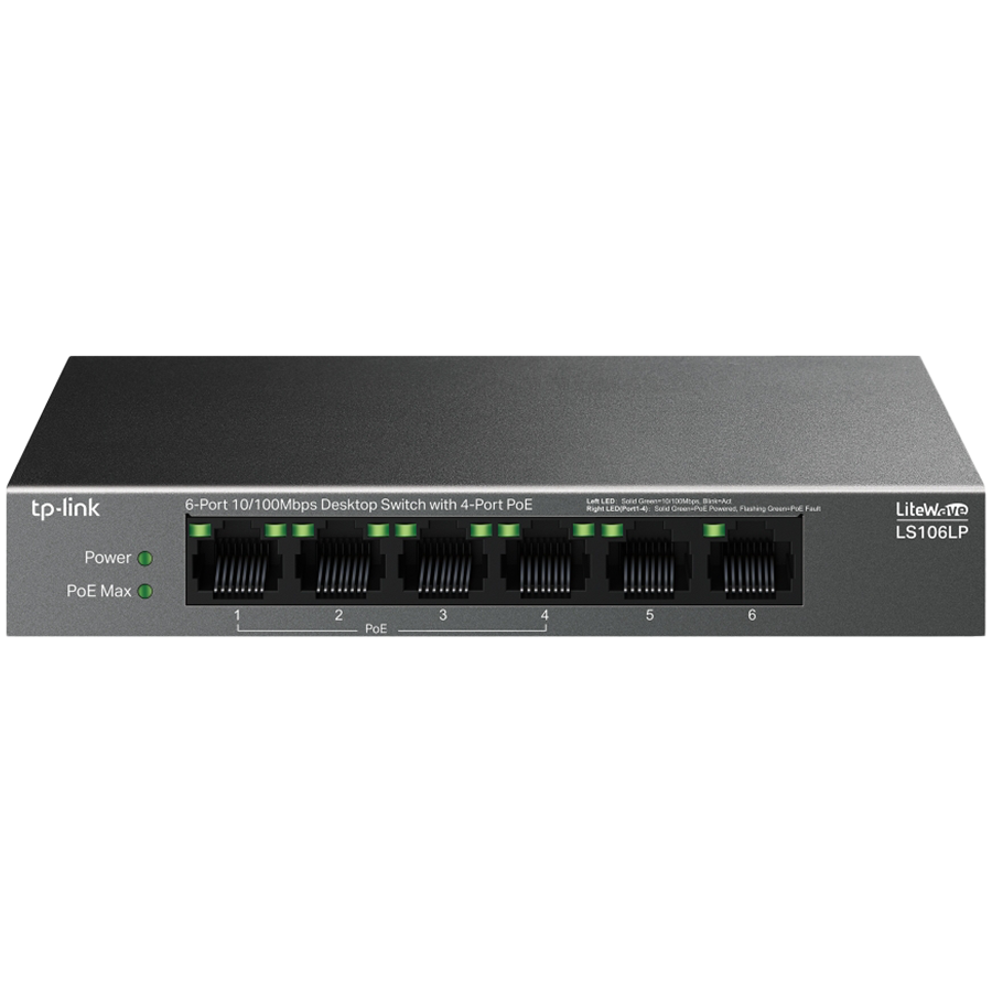 TP-Link LS106LP 6-Port 10/100 Mbps Desktop Switch with 4-Port PoE, 4× 10/100 Mbps PoE Ports, 2× 10/100 Mbps Non-PoE Ports, 802.3af, 41 W PoE Power, Desktop Steel Case, Extend Mode for 250m PoE Transmitting, PoE Auto Recovery, Plug and Play TP-Link LS106LP 6-Port 10/100 Mbps Desktop Switch with 4-Port PoE, 4× 10/100 Mbps PoE Ports, 2× 10/100 Mbps Non-PoE Ports, 802.3af, 41 W PoE Power, Desktop Steel Case, Extend Mode for 250m PoE Transmitting, PoE Auto Recovery, Plug and Play - Image 1