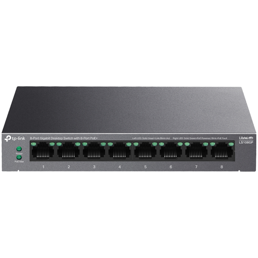 TP-Link LS108GP 8-Port Gigabit Desktop Switch with 8-Port PoE+, 8x Gigabit PoE+ Ports, 62 W PoE Power, Desktop Steel Case, Extend Mode for 250m PoE Transmitting, PoE Auto Recovery, Plug and Play TP-Link LS108GP 8-Port Gigabit Desktop Switch with 8-Port PoE+, 8x Gigabit PoE+ Ports, 62 W PoE Power, Desktop Steel Case, Extend Mode for 250m PoE Transmitting, PoE Auto Recovery, Plug and Play - Image 1