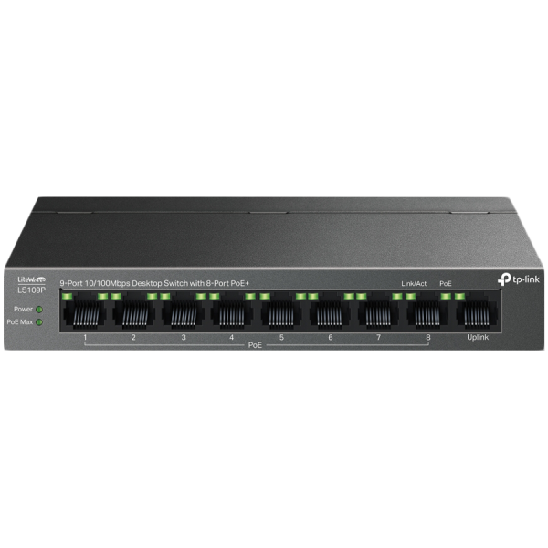 TP-Link LS109P 9-Port 10/100 Mbps Desktop Switch with 8-Port PoE+, 8× 10/100 Mbps PoE+ Ports, 1× 10/100 Mbps Non-PoE Port, 802.3at/af, 63 W PoE Power, Desktop Steel Case, Extend Mode for 250m PoE Transmitting, Isolation Mode, PoE Auto Recovery