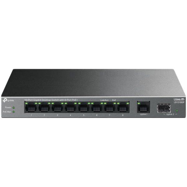 TP-Link LS1210GP 10-Port Gigabit Desktop Switch with 8-Port PoE+, 8× Gigabit PoE+ Ports, 1x Gigabit Non-PoE Port, 1× Gigabit SFP Slot, 61 W PoE Power, Desktop Steel Case, Extend Mode for 250m PoE Transmitting, Isolation Mode, PoE Auto Recovery