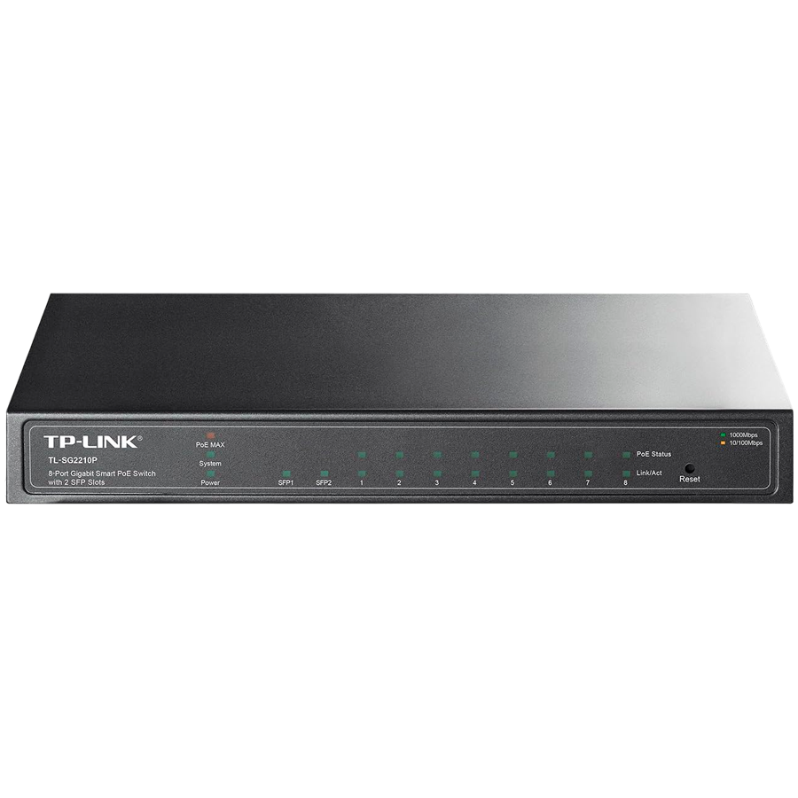 TP-Link SG2210P Omada 10-Port Gigabit Smart Switch with 8 Gigabit PoE+ ports and 2 x SFP slots, 61W total PoE budget, Static routing, VLAN, ACL, QoS, IGMP Snooping, Fanless, metal casing, desktop/wall mount TP-Link SG2210P Omada 10-Port Gigabit Smart Switch with 8 Gigabit PoE+ ports and 2 x SFP slots, 61W total PoE budget, Static routing, VLAN, ACL, QoS, IGMP Snooping, Fanless, metal casing, desktop/wall mount - Image 1