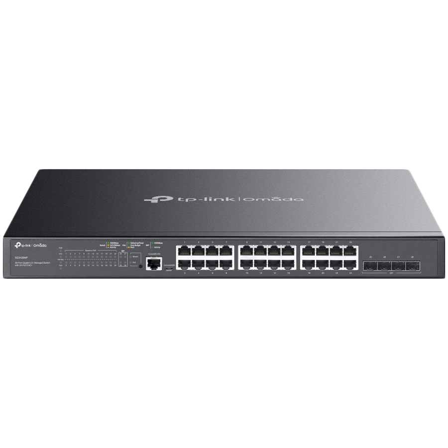 TP-Link SG3428MP Omada 28-Port Gigabit L2+ Managed Switch with 24× Gigabit 802.3af/at PoE+ ports and 4× Gigabit SFP slots, 384 W total PoE budget, Omada app, Static Routing, VLAN, ACL, QoS, IGMP Snooping, OAM, and DDM, ERPS, Zero-Touch Provisioning TP-Link SG3428MP Omada 28-Port Gigabit L2+ Managed Switch with 24× Gigabit 802.3af/at PoE+ ports and 4× Gigabit SFP slots, 384 W total PoE budget, Omada app, Static Routing, VLAN, ACL, QoS, IGMP Snooping, OAM, and DDM, ERPS, Zero-Touch Provisioning - Image 1