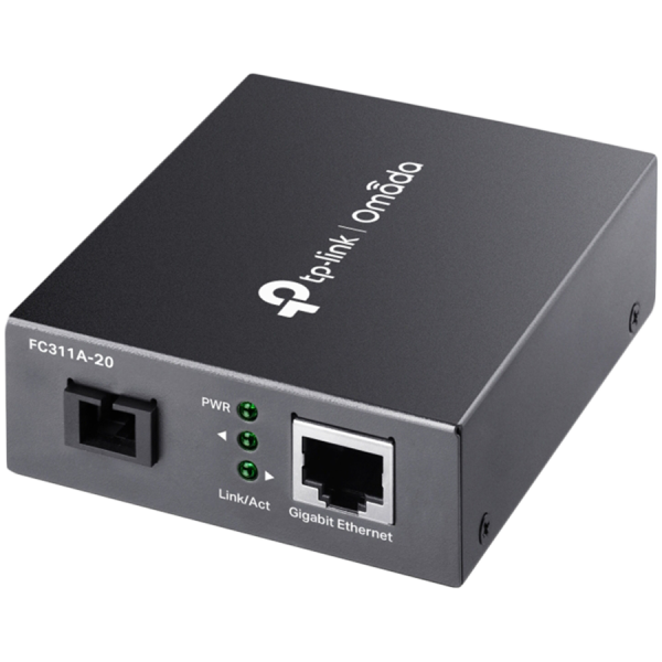 TP-Link TL-FC311A-20 Gigabit WDM Media Converter 10/100/1000 Mbps RJ45 to 1000 Mbps Single-mode SC WDM Bi-Directional Fiber Converter, 1× Gigabit SC Port, 1× Gigabit RJ45 Port (Auto MDI/MDIX), Full-duplex, Tx:1550 nm, Rx:1310 nm, Up to 20 km