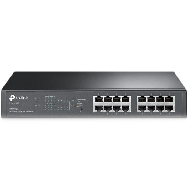 TP-Link TL-SG1016PE 16-Port Gigabit Desktop/Rackmount PoE+ Easy Smart Switch, 16 Gigabit RJ45 ports including 8 PoE+ ports, 110W PoE Power supply, PoE Management, MTU/Port/Tag-based VLAN, QoS, IGMP Snooping, Steel case, Green Ethernet