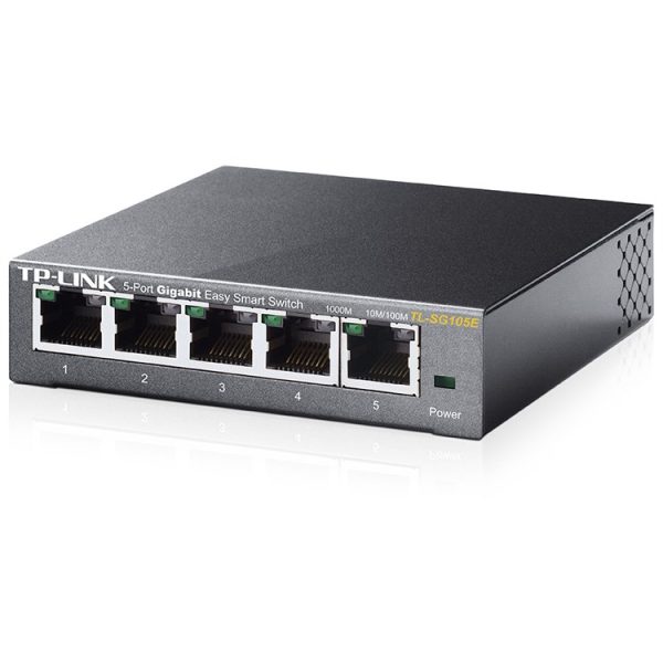 TP-Link TL-SG105E 5-Port Gigabit Desktop Easy Smart Switch, 5 10/100/1000Mbps RJ45 ports, MTU/Port/Tag-based VLAN, QoS, IGMP Snooping, Green technology, Metal Casing, Desktop/Wall mount