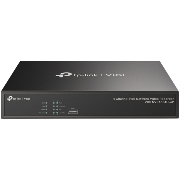 TP-Link VIGI NVR1004H 4 Channel Network Video Recorder,  H.265+/H.265/H.264+/H.264, Up to 8MP resolution, 80 Mbps Incoming Bandwidth(up to 4 channels), 1× SATA Interface(up to 10 TB), VGA, 2xUSB, 1xHDMI, 1x10/100 RJ-45, Smart Detection