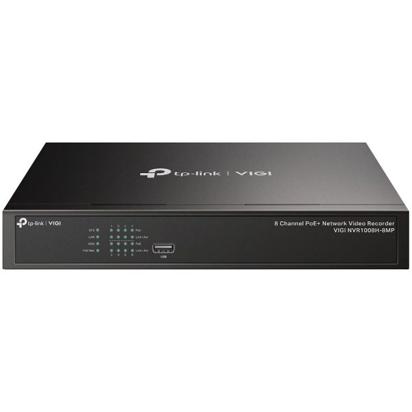 TP-Link VIGI NVR1008H-8MP 8 Channel PoE Network Video Recorder, H.265+/H.265/H.264+/H.264, Up to 8MP resolution,80 Mbps Incoming Bandwidth(up to 8 channels),8×10/100 Mbps PoE+ Ports, PoE Power 113W, 1×SATA Interface(up to 10 TB),2×USB 2.0,1×HDMI