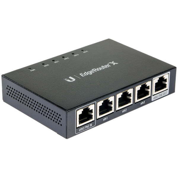 UBIQUITI EdgeRouter X; 1) GbE, 24V passive PoE RJ45 input; 3) GbE RJ45 ports; 1) GbE PoE passthrough output.