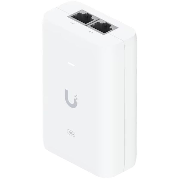 Ubiquiti U-POE+ adapter 30W, powers UniFi PoE+ devices, reduce dependency on PoE switch power, Contains RJ45 data input, AC cable with earth ground, and PoE+ output