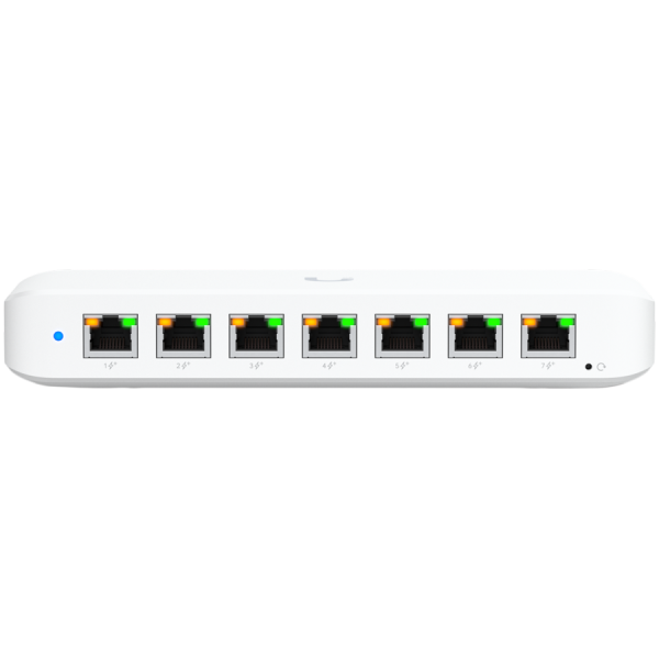 Ubiquiti USW-Ultra-210W-EU compact, Layer 2, 8-port GbE PoE switch with versatile mounting options, 7x GbE PoE+ output ports, GbE port with optional PoE++ input, 202W PoE availability with the included AC power adapter