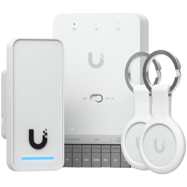 Ubiquity UA-G3-SK all-in-one kit for UniFi Access, designed to manage a single door with one reader. Supports seamless setup and Apple Touch Pass for modern, secure access control, Door Hub Mini, G3 Reader, 2x Pocket Keyfobs