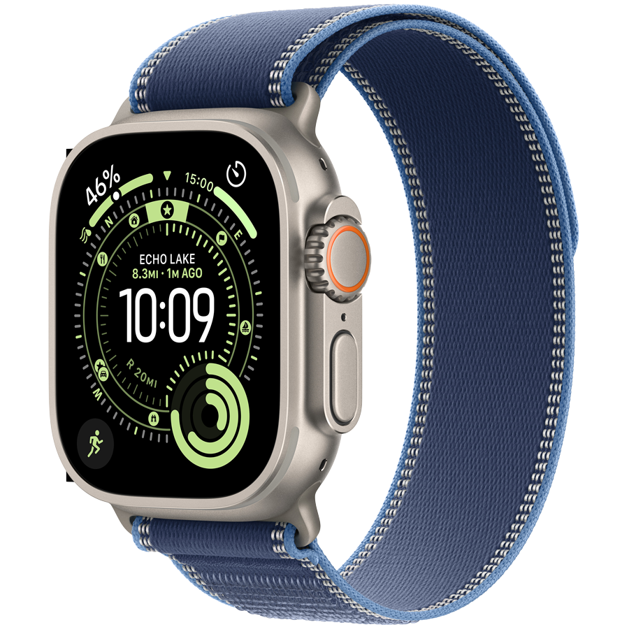 Apple Watch Ultra 3 Cellular 49mm Natural Titanium Case with Blue/Bright Blue Trail Loop - M/L Apple Watch Ultra 3 Cellular 49mm Natural Titanium Case with Blue/Bright Blue Trail Loop - M/L - Image 1