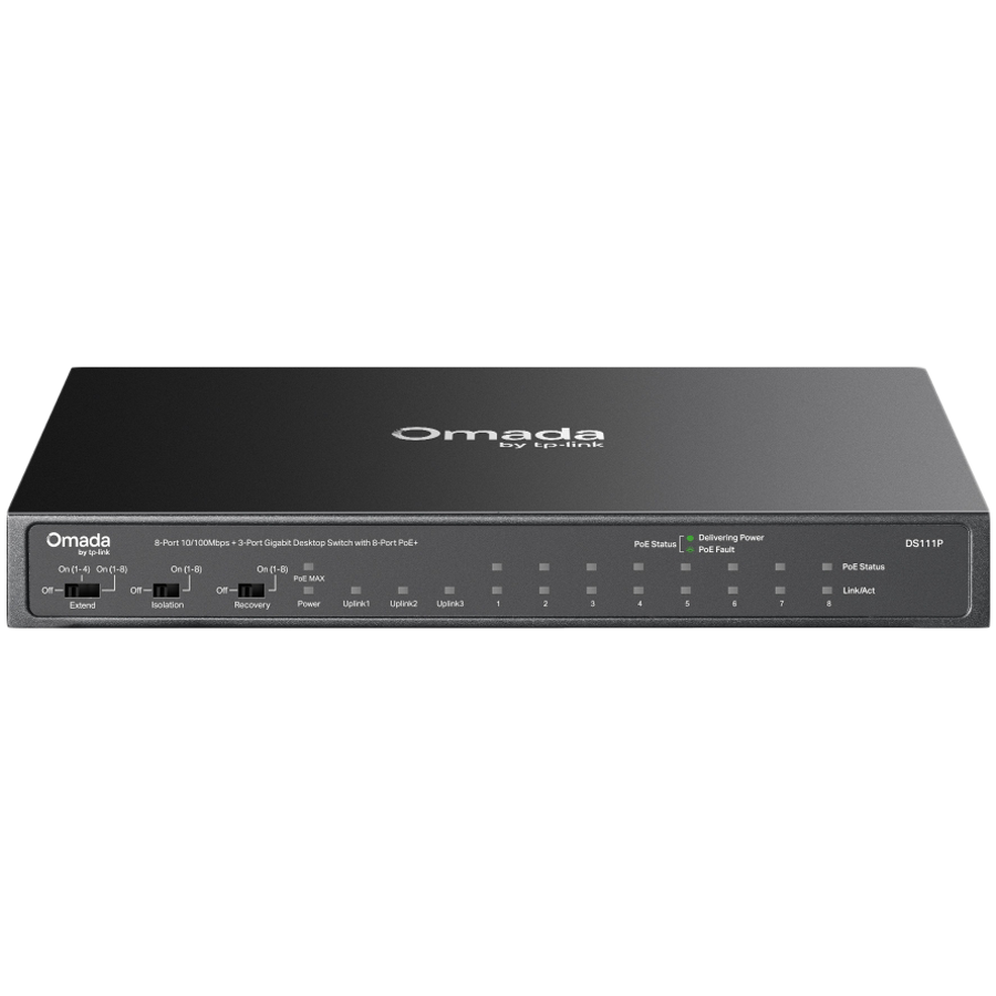 Omada 8-Port 10/100Mbps + 3-Port Gigabit Desktop Switch with 8-Port PoE+ 8× 10/100 Mbps PoE+ Ports, 2× Gigabit Non-PoE Ports, 1× Gigabit SFP Slots 802.3at/af, 65 W PoE Power, Desktop Steel Case Extend Mode for 250m PoE Transmitting Omada 8-Port 10/100Mbps + 3-Port Gigabit Desktop Switch with 8-Port PoE+ 8× 10/100 Mbps PoE+ Ports, 2× Gigabit Non-PoE Ports, 1× Gigabit SFP Slots 802.3at/af, 65 W PoE Power, Desktop Steel Case Extend Mode for 250m PoE Transmitting - Image 1